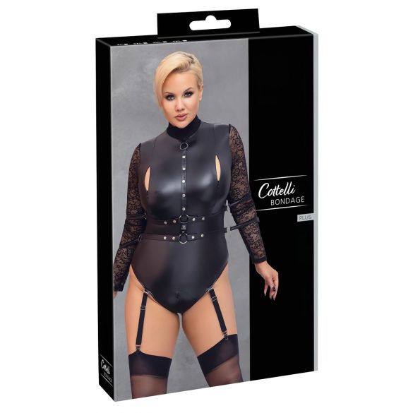 Cottelli Bondage Plus Size - δαντελωτό κορμάκι με μανίκια (μαύρο) - 3XL